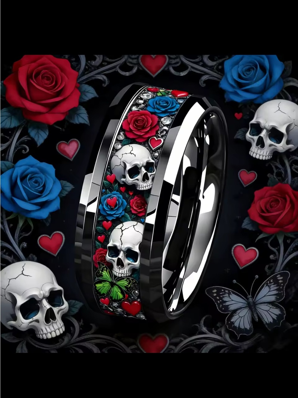 Skull And Roses Ring For Men, Size 11, Skull Ring, Fashion Ring, Stainless Steel - Picture 6 of 6